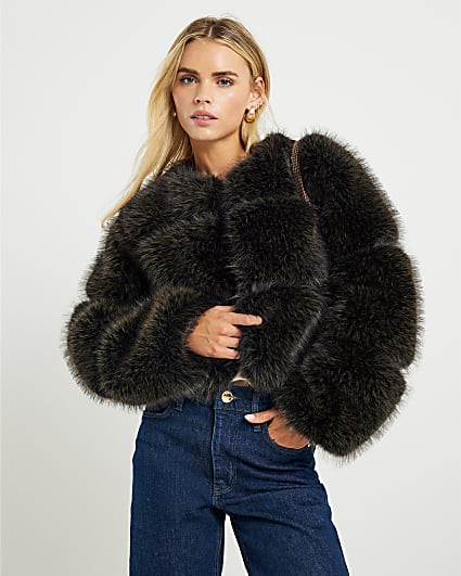 Petite Brown Faux Fur Panelled Coat