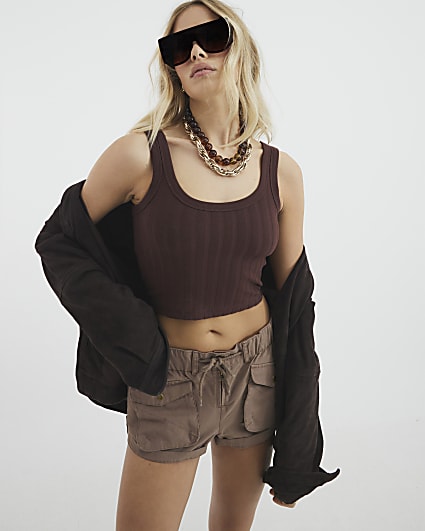 Brown Wide Ribbed Crop Top