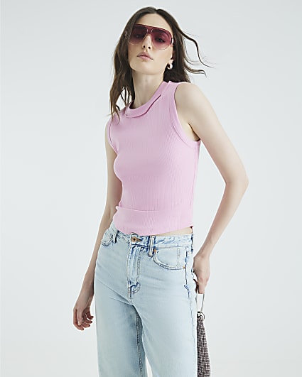 Pink Sleeveless Ribbed Tank Top