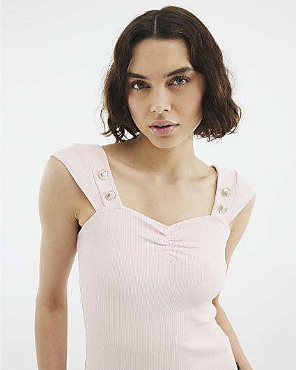 Pink Sleeveless Gold Button Tank Top
