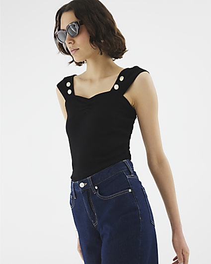 Black Sleeveless Gold Button Tank Top