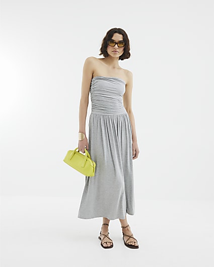 Grey Drape Bandeau Midi Dress