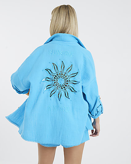 Petite Blue Sun Embroidered Beach Shirt
