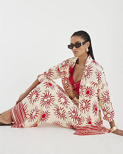 Cream Sun Print Oversized Beach Shirt