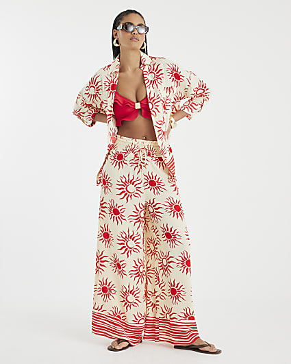 Cream Sun Print Wide Leg Beach Trousers