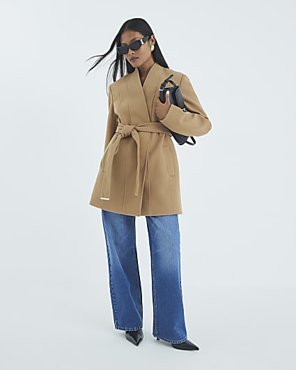 Petite Brown Short Belted Wrap Coat