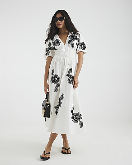 Cream Floral Embroidered Midi Dress