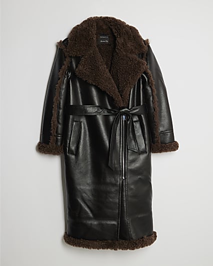 Petite Black Faux Shearling Lined Trench Coat