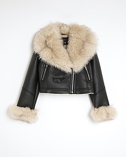 Black Faux Fur Faux Leather Biker Jacket