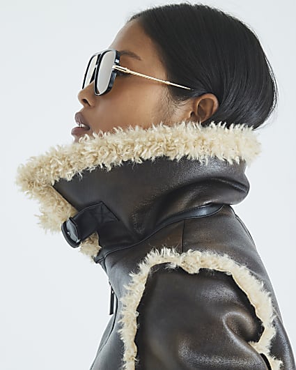 Petite Brown Faux Shearling Aviator Jacket