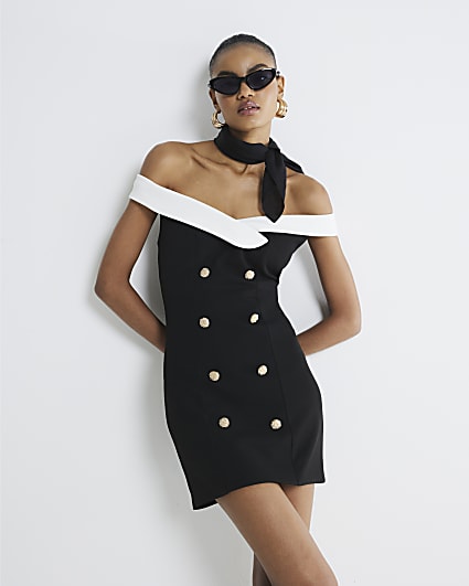 Black Monochrome Bardot Button Mini Dress