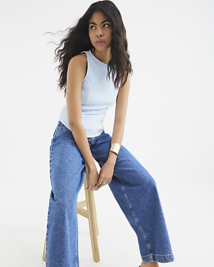 Blue Sleeveless Denim Twill Racer Top