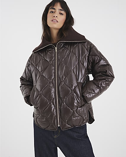 Brown Ribbed Collar Padded Jacket
