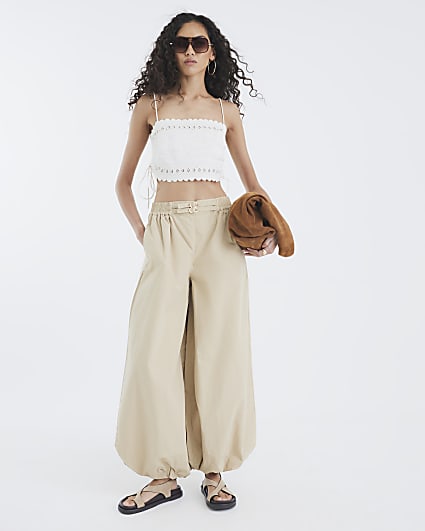 Beige Tailored Wide Leg Balloon Trousers