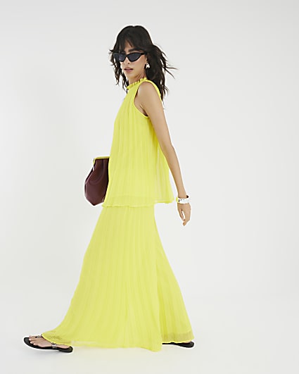 Yellow Wide Leg Plisse Trousers