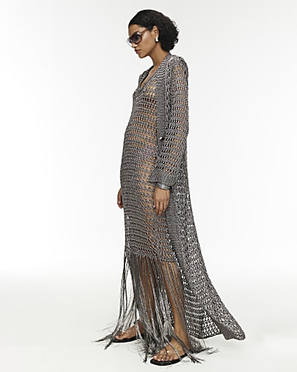 RI Studio Metallic Grey Maxi Crochet Cardigan