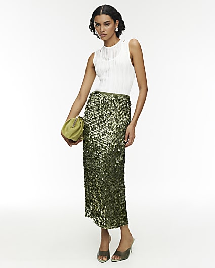 RI Studio Green Sequin Column Midi Skirt