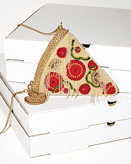 Beige Premium Beaded Pizza Shoulder Bag