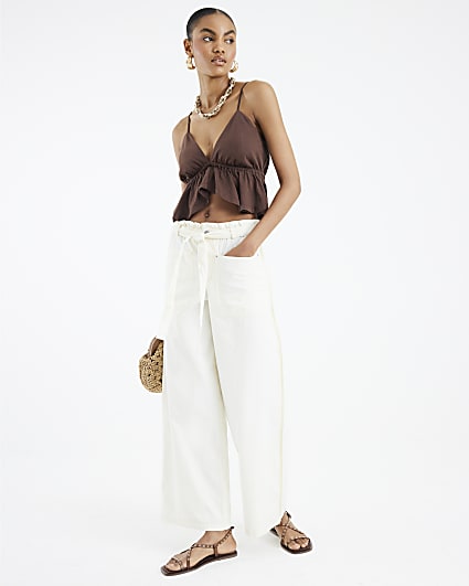 Cream Paperbag Wide Leg Trousers