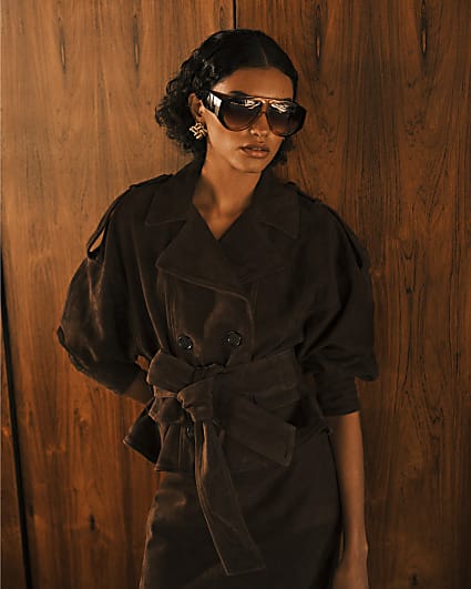RI Studio Brown Cropped Suede Trench Jacket