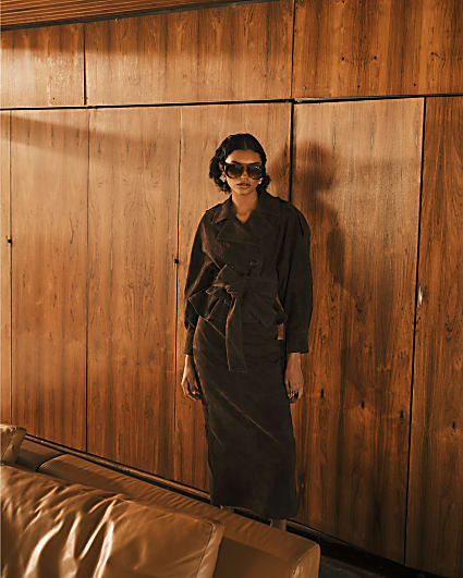 RI Studio Brown Suede Maxi Pencil Skirt