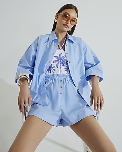 Blue Pull On Button Shorts