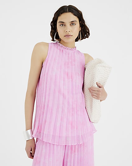 Pink Sleeveless Plisse Tunic Top