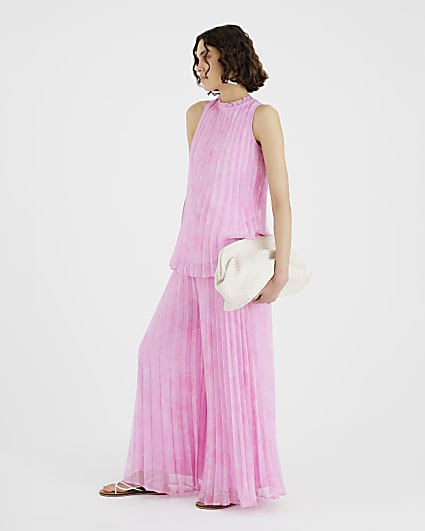 Pink Wide Leg Plisse Trousers