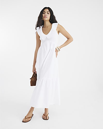 White Ruffle Collar Shirred Maxi Dress