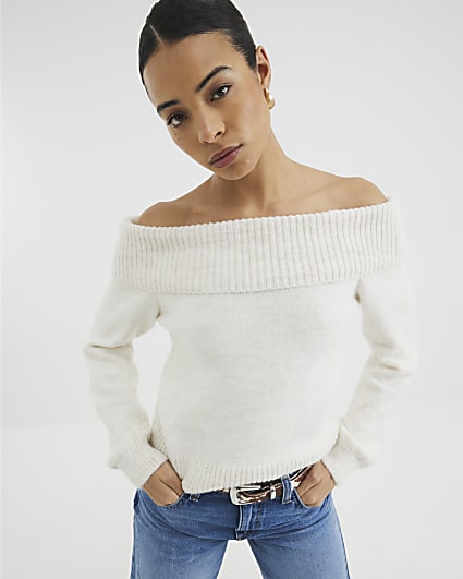 Beige Long Sleeve Bardot Knitted Top