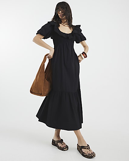 Black V Neck Frill Midi Dress