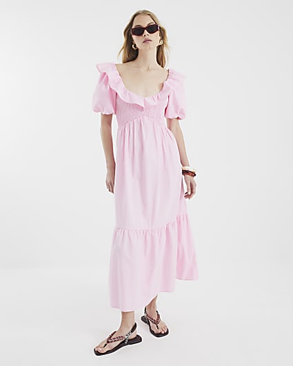 Pink V Neck Frill Midi Dress