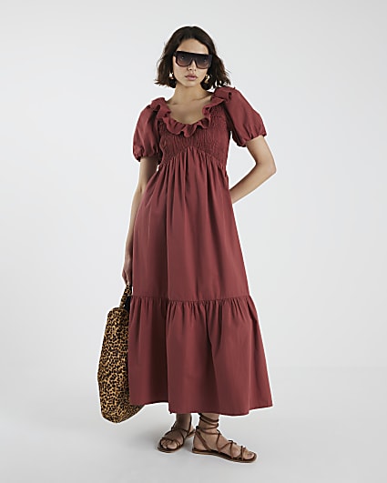 Red Short Sleeve V Neck Frill Midi Dress