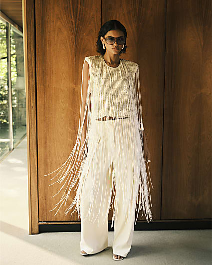 RI Studio White Fringe Sequin Waistcoat