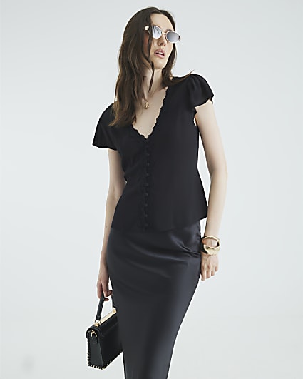 Black Angel Sleeve Floral Lace Blouse