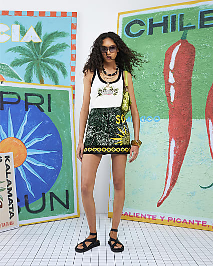 Green Atlas Embroidered Mini Skirt