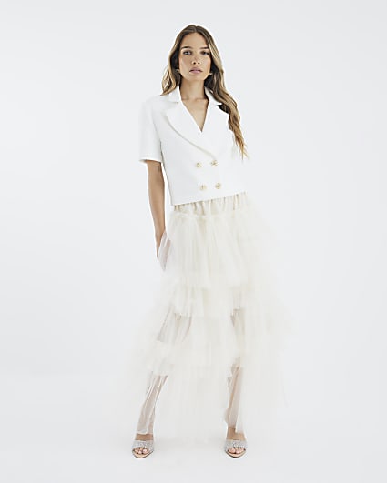 Cream Mesh Tulle Midi Skirt
