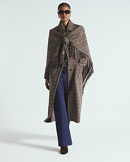 Brown Wool Blend Check Scarf And Trench Coat