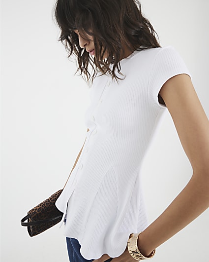 White Short Sleeve Button Up Peplum Top