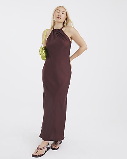 Brown Sleeveless Halter Neck Maxi Dress