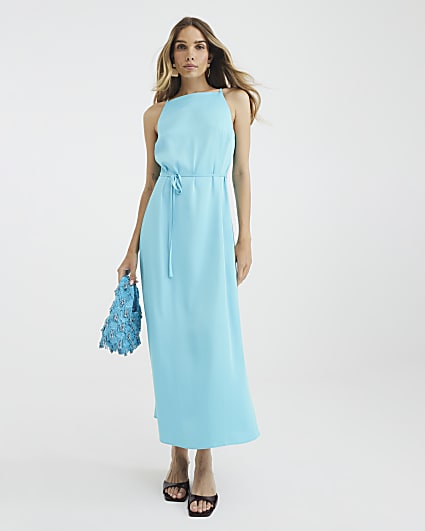 Blue Satin Tie Waist Slip Dress