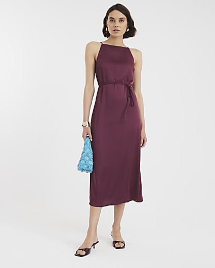 Purple Satin Tie Waist Slip Dress