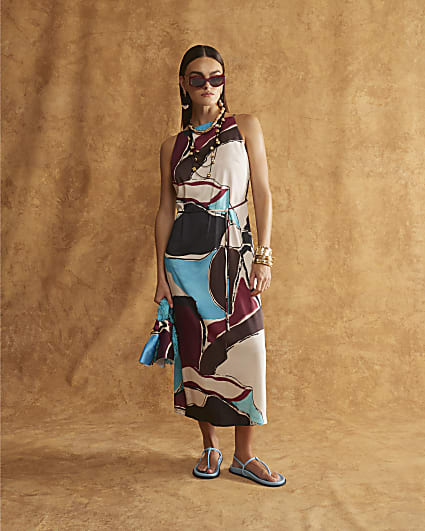Blue Satin Sleeveless Midi Slip Dress
