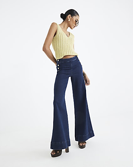Blue High Rise Palazzo Button Detail Jeans