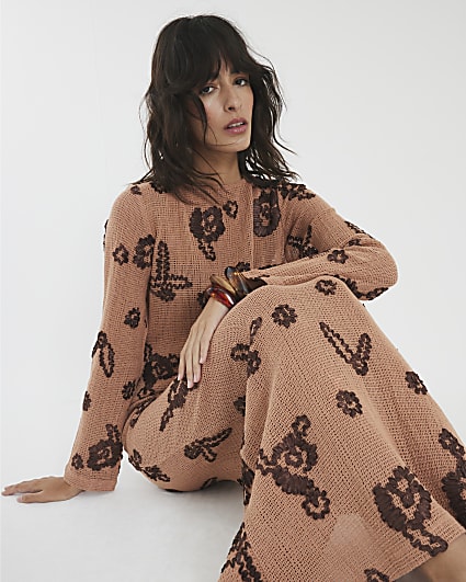 Brown Embroidered Crochet Midi Beach Dress
