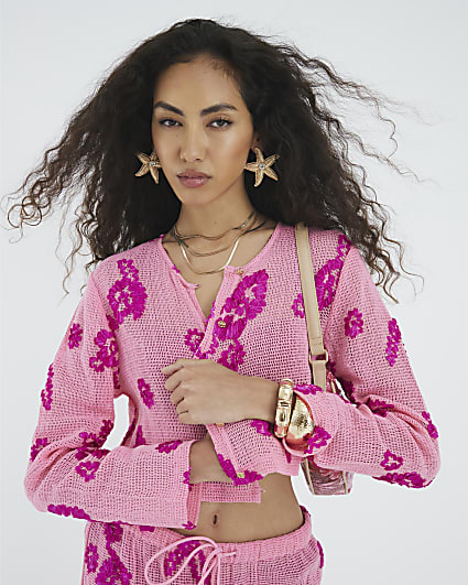 Pink Long Sleeve Embroidered Beach Crop Top