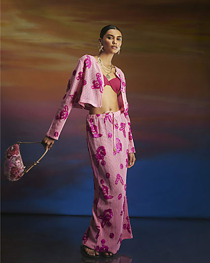 Pink Embroidered Maxi Beach Skirt