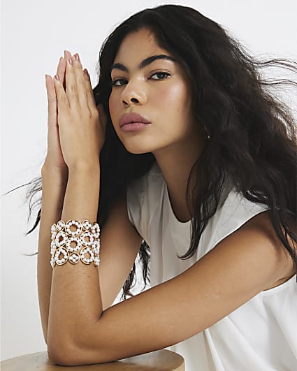Gold Pearl Circle Chunky Cuff Bracelet