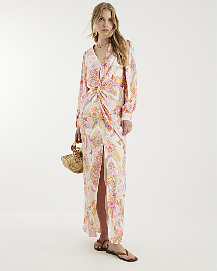 Pink Floral Long Sleeve Twist Maxi Dress