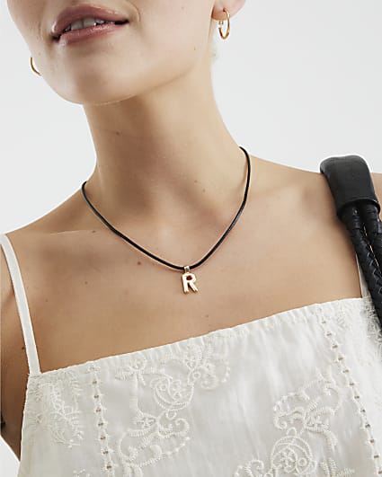 Black Cord Initial R Necklace